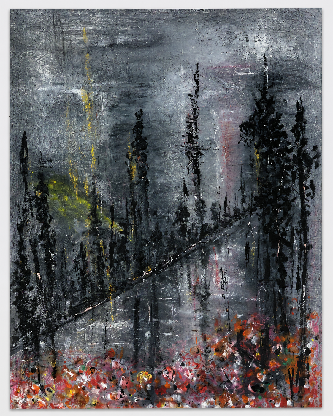 Embers Beneath the Mist — acrylic painting of dark spruce silhouettes in grey mist with a diagonal river and warm red and ochre embers glowing at the base