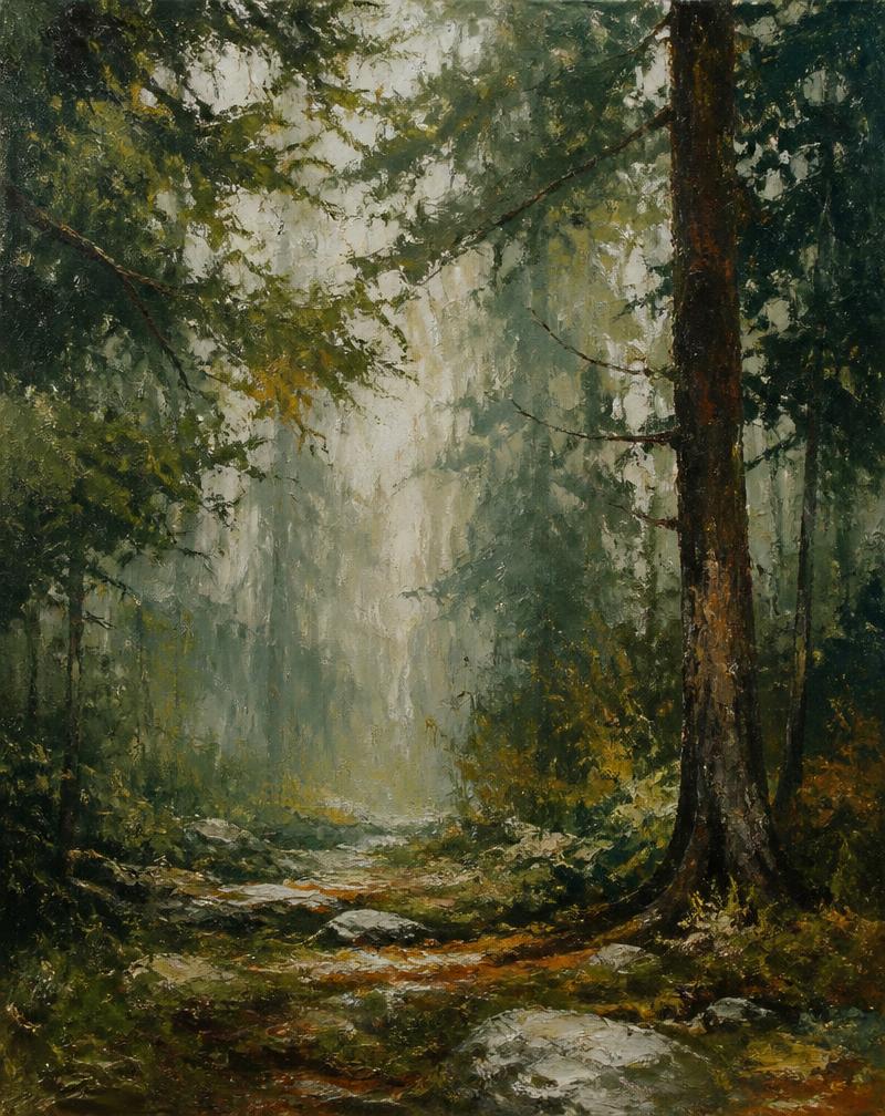 Abstract forest painting with moss green tones and soft light after rain