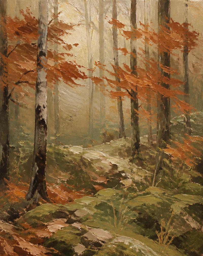 Autumn forest painting with rust and terracotta leaves