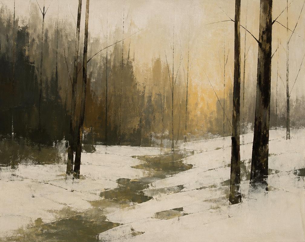 Minimalist winter forest painting with white snow and dark trees