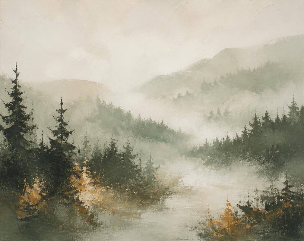 Misty morning landscape painting with sage green and ochre tones