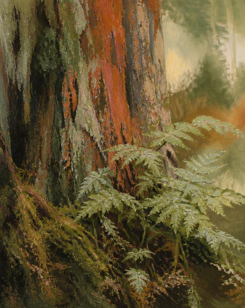 Close-up painting of ferns and moss-covered bark