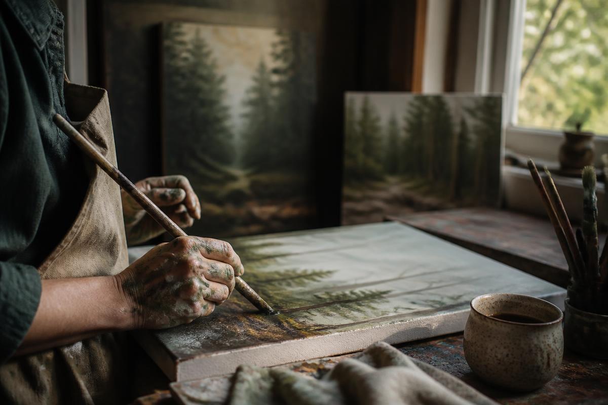 Paint-covered hands holding a worn brush above a canvas in a sunlit studio